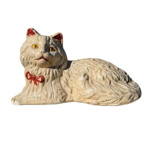 VTG 1950’s Chalkware Cat Shabby Cream Hubley Style Heavy Solid Persian Doorstop